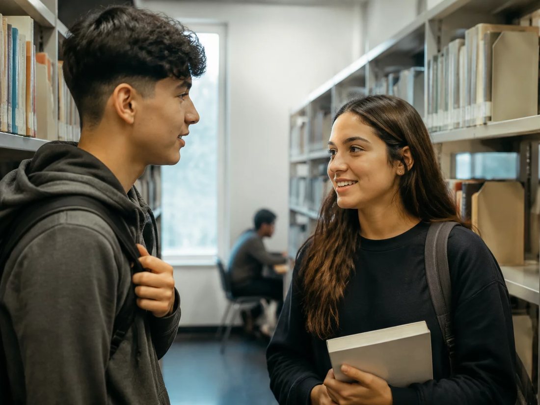Conversa em pé entre as estantes da escola, com folhas de anotação na mão de quem discute